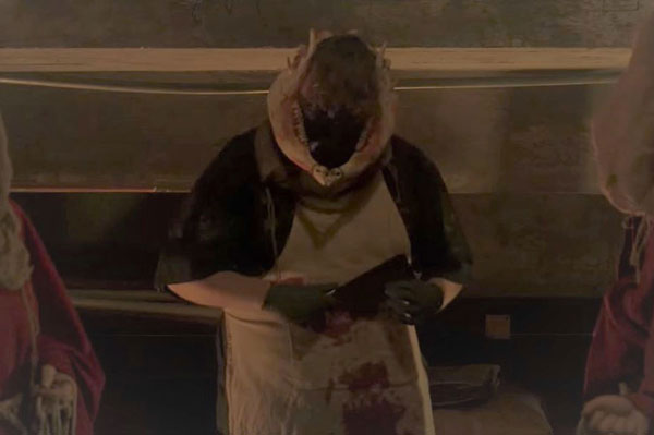 Horror scene of a butcher in a bloody apron holding a cleaver and wearing a skull mask